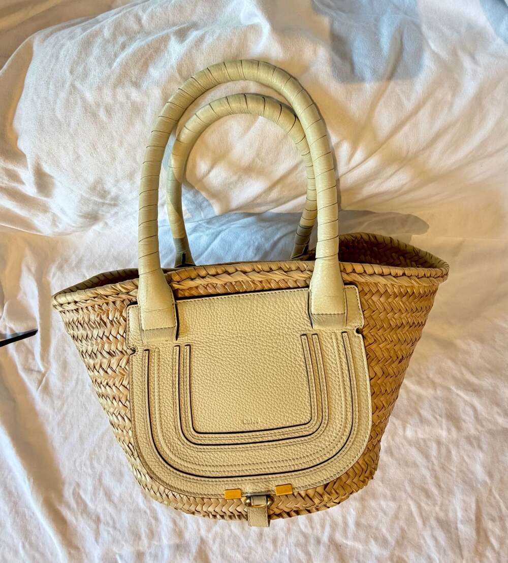 Chloé Marcie Medium Basket Tote Bag in Raffia and Grained Calfskin